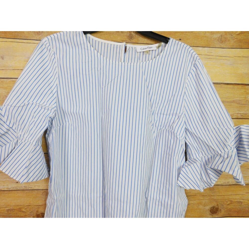 Calvin Klein Women Shirt Large Blue White Stripes 3/4 Sleeve Butterfly Ruffle - Picture 2 of 7